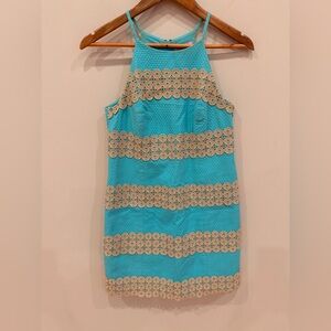Lilly Pulitzer Turquoise Gold Lace Kentucky Derby Dress Size 00  wedding guest
